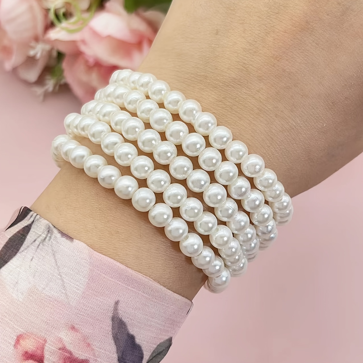 Imitation Pearl Stackable Elastic Bracelets Set, Colorful Everyday Wear